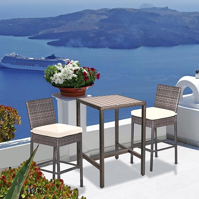 Outdoor Bar Table Patio Bar Height Bistro Table 39" Tall Outdoor High Top Square Pub Patio Table Wicker Rattan Metal Dinning Bar Table with Adjustable Feet for Balcony Outside Pool Deck Backyard Brown