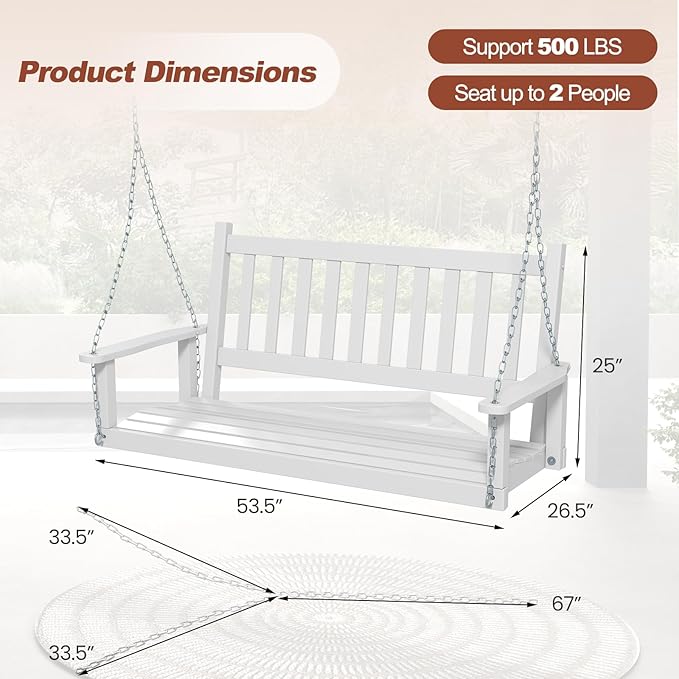 Tangkula 2 Person Wooden Porch Swing, Hanging Patio Swing with 2 Adjustable Galvanized Metal Chains, Slatted Back & Seat - Photo 7