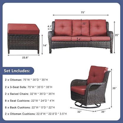 Rilyson Wicker Patio Furniture Set - 6 PC Rattan Outdoor Sectional Conversation Sets with 2 Rocking Swivel Chairs,2 Ottomans and 2 Sofa for Porch Deck Garden(Brown/Red)