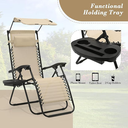 Athena Collection Patio Chairs Set of 2 Reclining Lounge Chair with Cup Holder and Pillow Fabric Camping Chairs with Canopy Foldable Beach Chairs for Garden, Park, Deck, Yard, Poolside, Cream