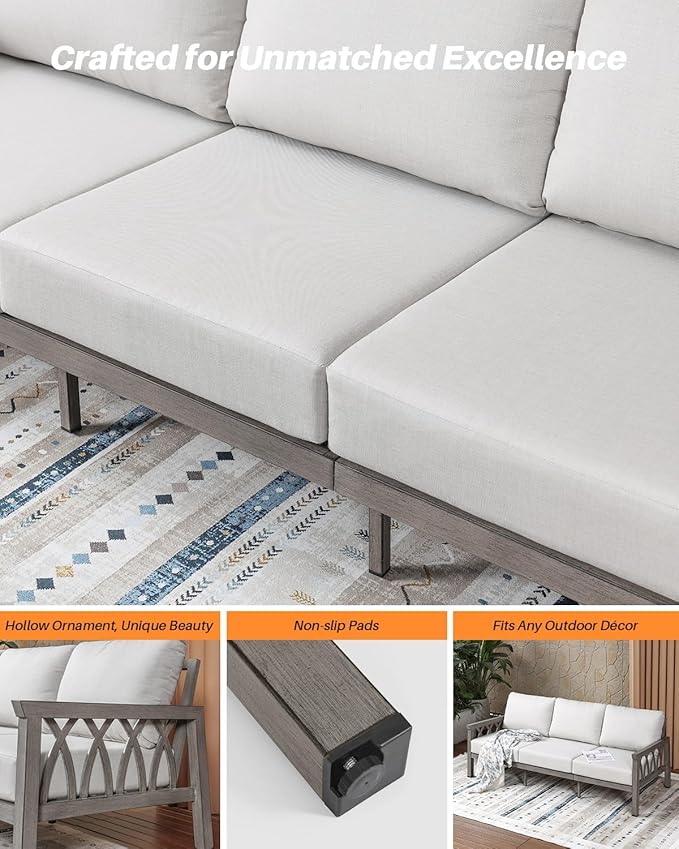 Outdoor Aluminum 3-Seat Sofa, Patio Couch with 5.9'' Thick Cushions, Weather-Resistant Outdoor Club Sofa Couch - Photo 7