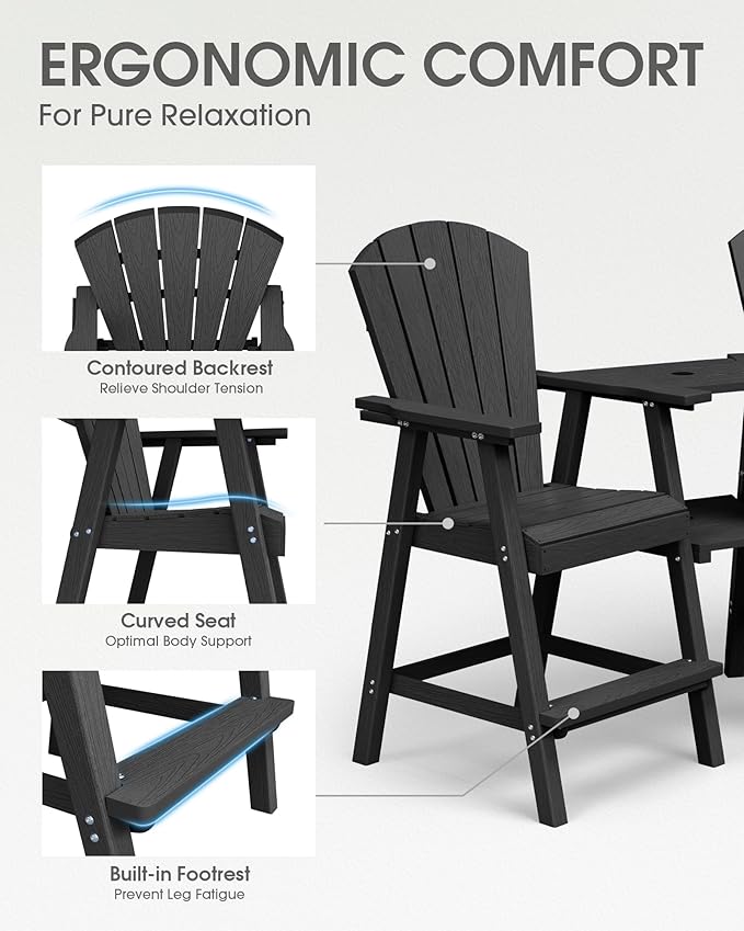 Tall Adirondack Chairs Set of 2, HDPE High Adirondack Chairs with Double Removable Trays, All Weather Outdoor Barstools for Patio, Balcony, Backyard, Deck and Garden, Black