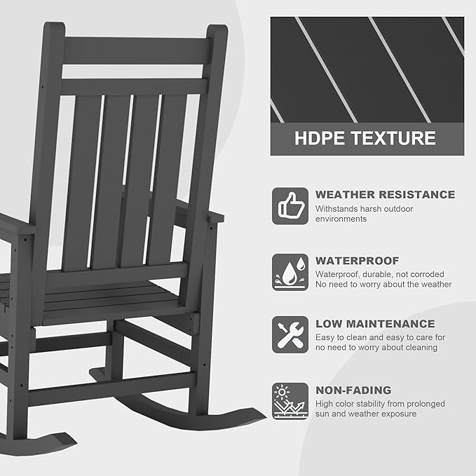 Outdoor HDPE Rocking Chairs, HDPE Oversized Patio Rocking Chairs, All Weather Resistant Porch Rocker, Heavy Duty Front Plastic Rockers for Outside