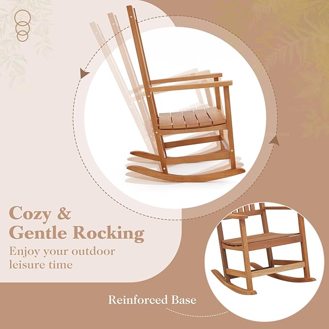 Giantex Outdoor Rocking Chair, High Back Patio Rocker w/Armrests, Hardwood Lounge Rocking Chair with Smooth Rocking Base & Slatted Design, Wood Porch Rocker for Backyard, Poolside (1, Natural)