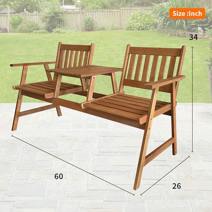 FDW Outdoor Patio Bench Wood Garden Bench Park Bench Acacia Wood with Table for Pool Beach Backyard Balcony Porch Deck Garden Wooden Furniture