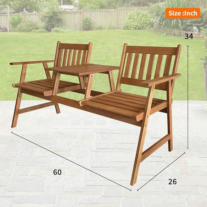 FDW Outdoor Patio Bench Wood Garden Bench Park Bench Acacia Wood with Table for Pool Beach Backyard Balcony Porch Deck Garden Wooden Furniture