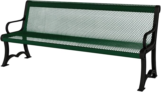 COATEDOUTDOORFURNITURE Coated Outdoor Furniture Heavy-Duty Outdoor Bench Thermoplastic Coated, Expanded Metal, Commercial-Grade Garden Bench, Made in America (Portable with Back, 4 Ft, Green)