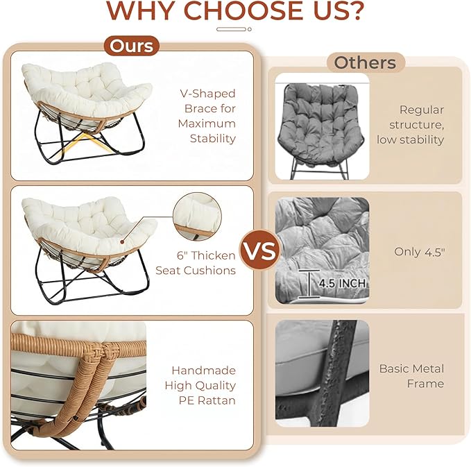 TLSUNNY Outdoor Papasan Rocking Chair, Oversized Padded Lounge Rocker with Cushion, Comfy Wicker Egg Lounge Chair, Large Indoor Rocking Recliner for Living Room/Porch/Garden (Beige)