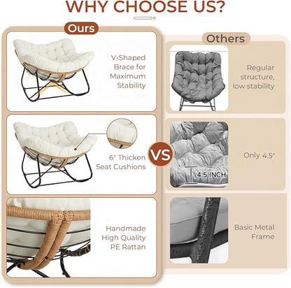 TLSUNNY Outdoor Papasan Rocking Chair, Oversized Padded Lounge Rocker with Cushion, Comfy Wicker Egg Lounge Chair, Large Indoor Rocking Recliner for Living Room/Porch/Garden (Beige)