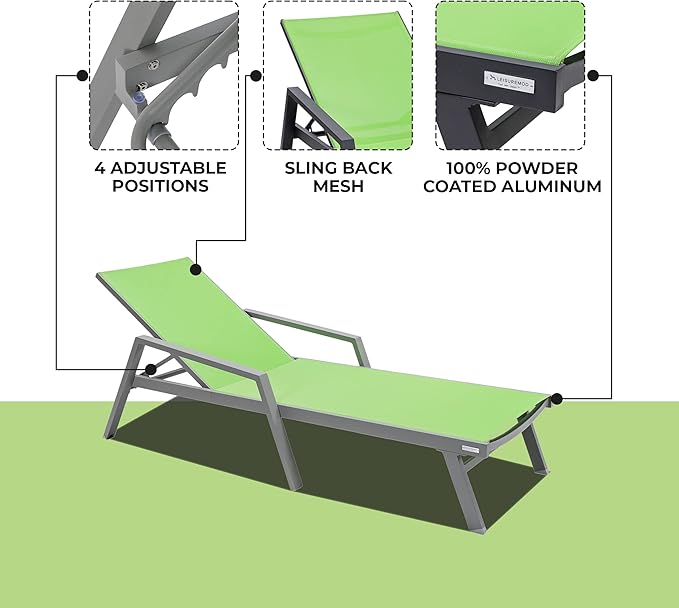 LeisureMod Marlin Patio Chaise Lounge Chair, Adjustable Outdoor Grey Aluminum Lounge with Breathable Mesh Sling Back, Lightweight Poolside Reclining Sun Lounger Weather & UV Resistant (Green)