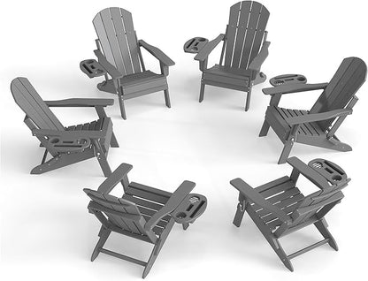 Adjustable Adirondack Chair Set of 6 with Cup Holder, All Weather HDPE Fire Pit Chairs for Deck, Backyard, Patio, Grey