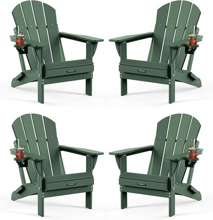 MUCHENGHY Folding Adirondack Chairs Set of 4, Patio Chairs, Lawn Chairs, Outdoor Chairs, Adirondack Chair Plastic, Fire Pit Chairs, Weather Resistant with Cup Holder for Deck, Backyard, Garden(Green)