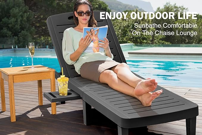 Chaise Lounge Outdoor, Waterproof Resin Lounge Chairs for Outside w/Adjustable 5 Positions All Weather Recliner Chair for Patio, Poolside, Beach, Yard, 1PCS, Black