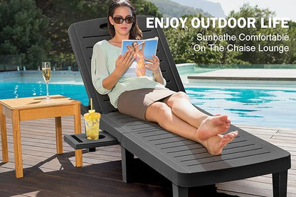 Chaise Lounge Outdoor, Waterproof Resin Lounge Chairs for Outside w/Adjustable 5 Positions All Weather Recliner Chair for Patio, Poolside, Beach, Yard, 1PCS, Black