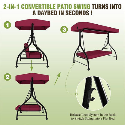 MUPATER 2-in-1 Patio Porch Swing Chair, 3-Seat Outdoor Canopy Swing Glider with Stand and Cushions for Backyard, Deck and Poolside, Wine Red