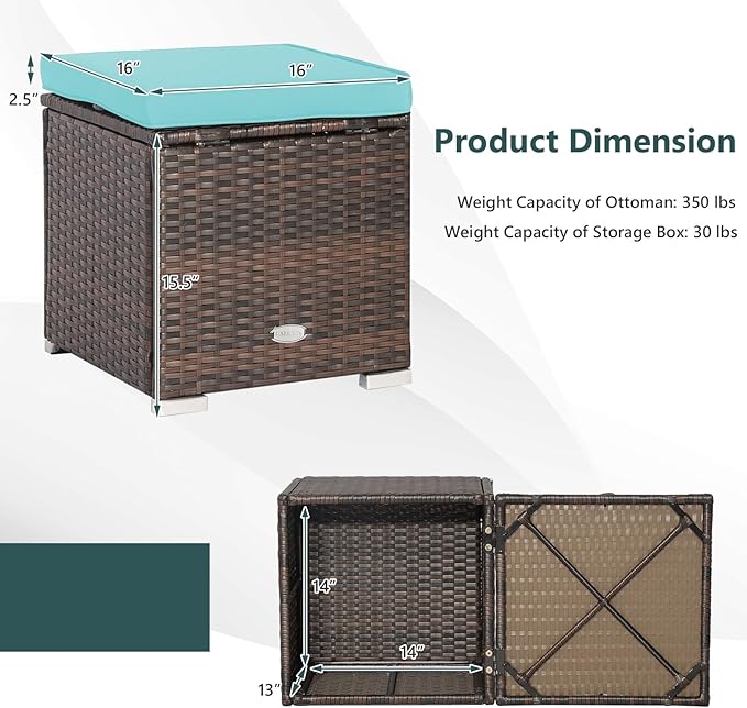 Tangkula 2 Pieces Patio Ottomans, Patiojoy Hand-Woven PE Rattan Side Table with Removable Cushion & Hidden Storage Space - Photo 9