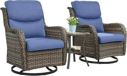 Rilyson Wicker Rocking Chair Swivel Chairs - 3 Piece Rocker Patio Furniture Set Rattan Rocking Bistro Sets with Glass Top Side Table for Outdoor Porch Deck Garden Backyard (Mixed Grey/Blue/Smile)