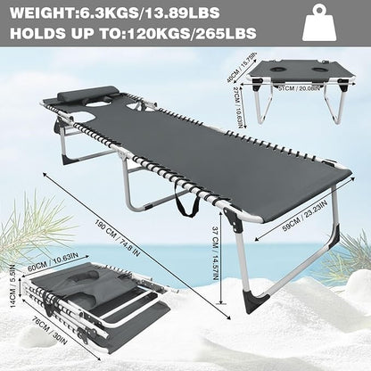 Sun Tanning Chair with Face Hole 5-Position Folding Lounge Chair Outdoor with Portable Beach Table for Poolside Sunbathing Camping Lawn Backyard