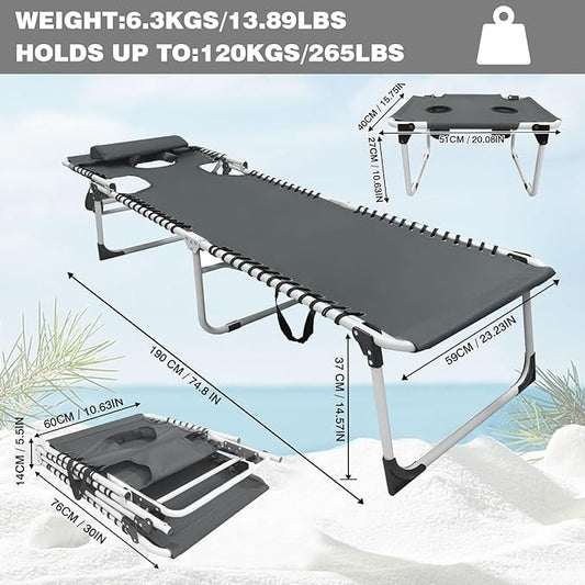 Sun Tanning Chair with Face Hole 5-Position Folding Lounge Chair Outdoor with Portable Beach Table for Poolside Sunbathing Camping Lawn Backyard