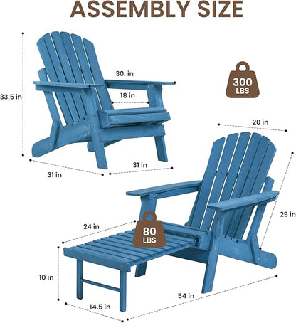 Oversized Folding Adirondack Chair with Retractable Ottoman - Solid Wood Outdoor Lounge Chair for Patio Garden Backyard Porch, Weather-Resistant & Pre-Assembled, Blue