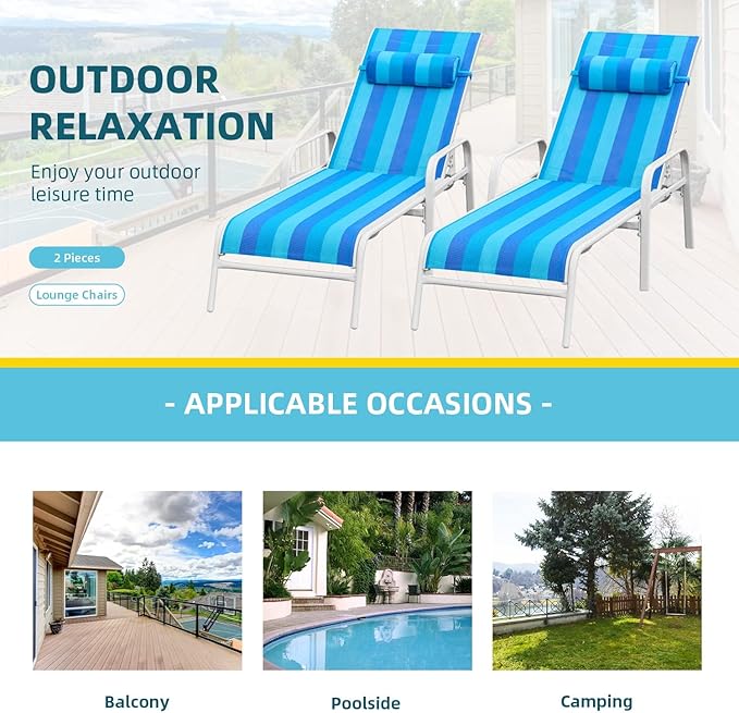 EROMMY Patio Chaise Lounge, Set of 2 Outdoor Lounge Chair (Blue) - Photo 4