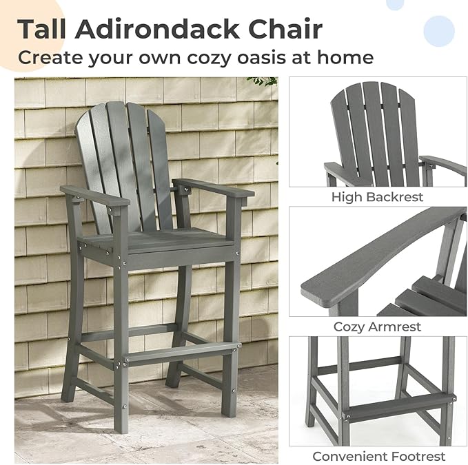 ORALNER Tall Adirondack Chairs, Set of 2 Outdoor High Back Balcony Chair, Weather Resistant HDPE Resin Plastic Bar Height Stools, 360 LBS Lifeguard Chair for Pool Patio Deck Backyard (2, Grey)