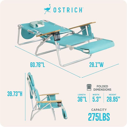 Ostrich the Deluxe 3N1 Lightweight Lawn Beach Reclining Lounge Chair with Footrest, Outdoor Furniture for Patio, Balcony, Backyard, or Porch, Aqua