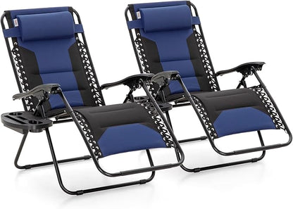 MAISON ARTS Oversized Zero Gravity Chairs Set of 2, Folding Padded Recliner Anti Gravity Lounge Chair with 28" Wide Seat and Cup Holder, Support 400lbs, Blue & Black