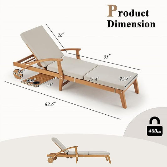 HOMREST Wood Outdoor Chaise Lounge Chair, 83x23in Patio Lounge Recliner with Adjustable Backrest, Cushioned Seat, Wheels, Slide-Out Side Table & Cup Holder, Beige