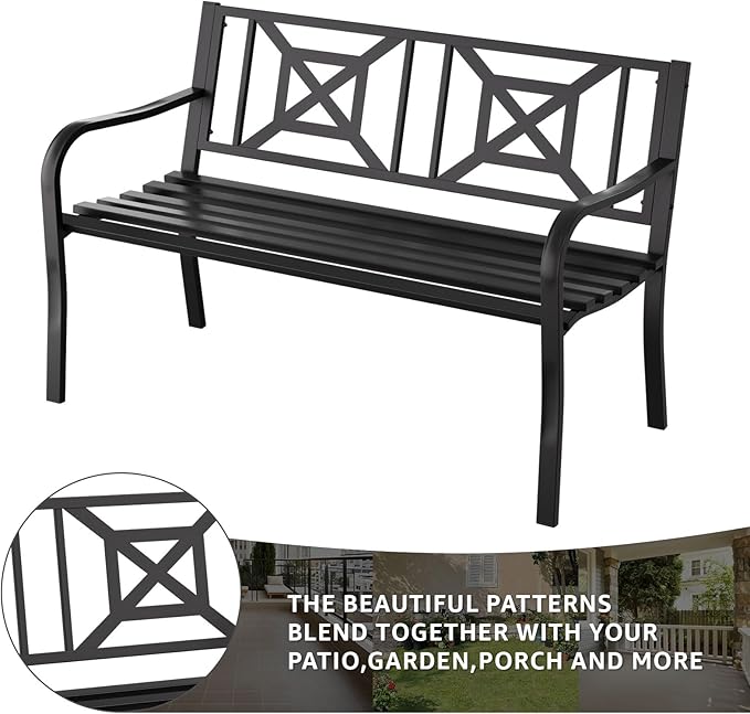 Outdoor Bench Garden Bench Patio Bench,Weatherproof Anti-Rust Metal Powder Coated Frame Park Bench,Metal Bench for Yard & Porch & Park (Geometric)