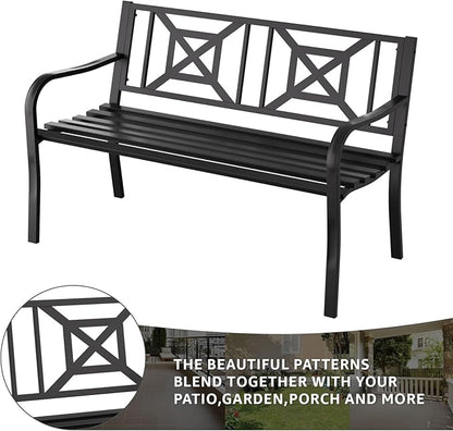 Outdoor Bench Garden Bench Patio Bench,Weatherproof Anti-Rust Metal Powder Coated Frame Park Bench,Metal Bench for Yard & Porch & Park (Geometric)