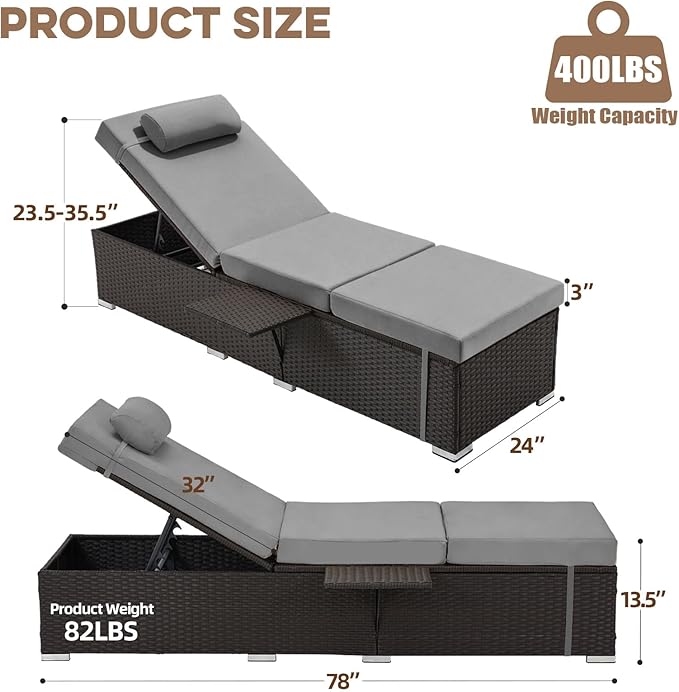 Outdoor Chaise Lounge with Adjustable Backrest Set of 2, 6-Position Reclining Lounger Pool Chair, Thick 3-Inch Cushion & Side Tray, All-Weather PE Wicker for Outdoor, Backyard, Deck (Gray)