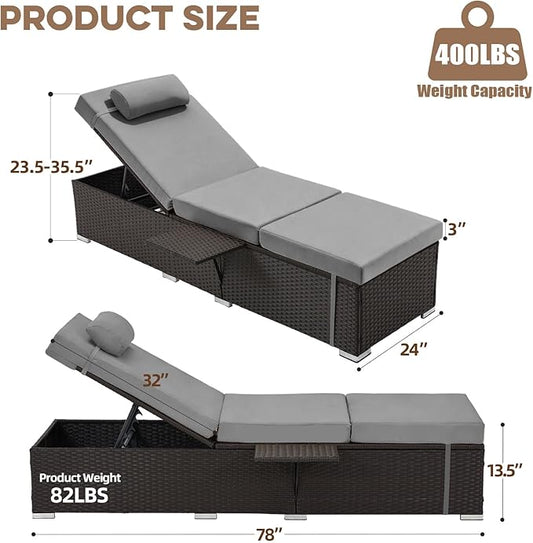 Outdoor Chaise Lounge with Adjustable Backrest Set of 4, 6-Position Reclining Lounger Pool Chair, Thick 3-Inch Cushion & Side Tray, All-Weather PE Wicker for Outdoor, Backyard, Deck (Gray)