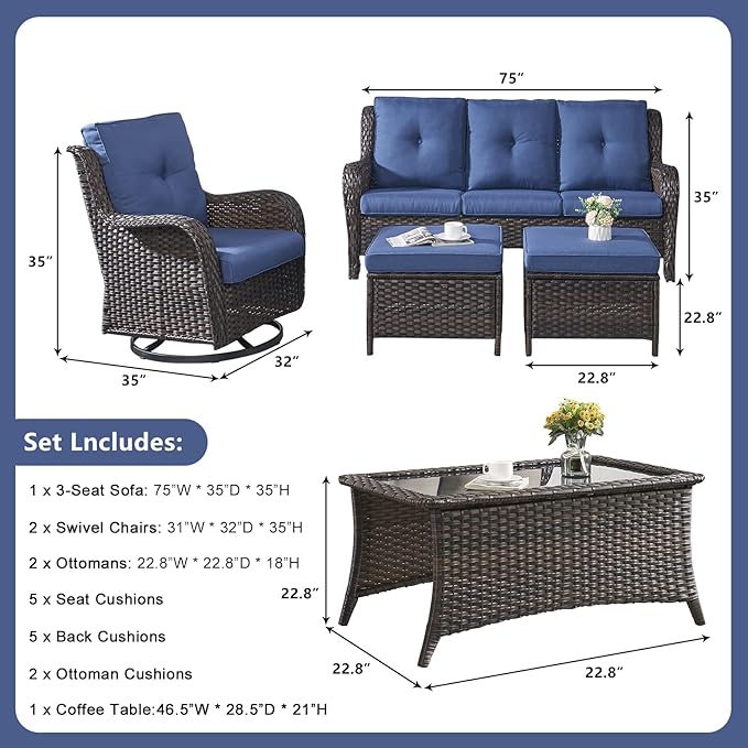 Rilyson Wicker Patio Furniture Set - 6 Piece Rattan Outdoor Sectional Conversation Sets with 2 Swivel Rocking Chairs - Photo 2