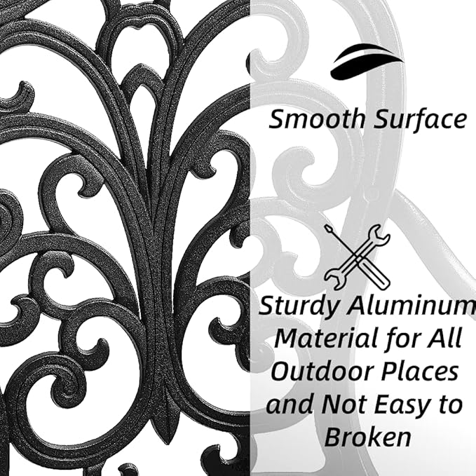Patio Aluminum Outdoor Bench, Garden Metal Loveseat Furniture, Vintage Carving Antique Black Front Porch Chair Seat