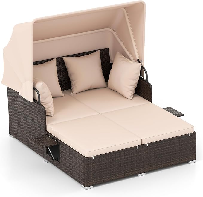 Tangkula Patio Rattan Daybed with Retractable Canopy, Outdoor Wicker Sunbed with 2 Foldable Side Tables - Photo 1