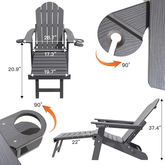 Ergonomic Adjustable Adirondack Chair with Ottoman Set of 2，Folding Adirondack Chair with 2 Cup Holder for - Photo 3