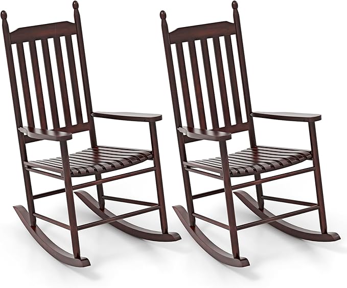 Giantex Outdoor Rocking Chair Set of 2, All Weather Patio Rocker w/Solid Rocking Base & High-Back, Slatted Seat & Back, Acacia Wood Porch Rocker, Wooden Patio Rocking Chair for Backyard, Brown