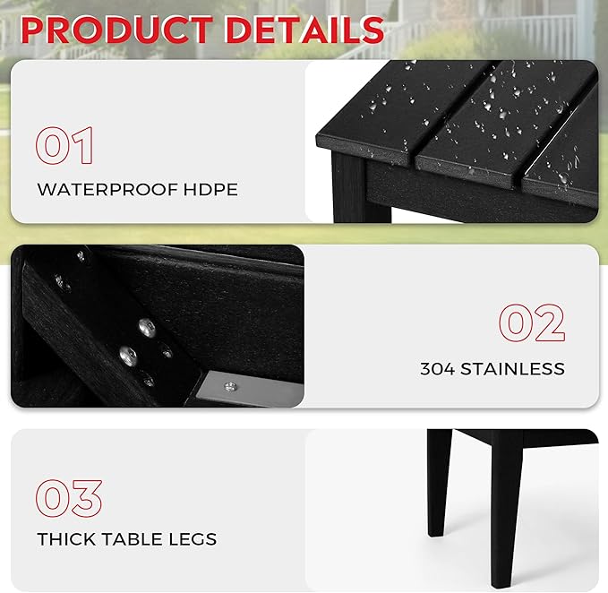 Costaelm Adirondack Outdoor Coffee Table, HDPE Drink Table Weather Resistant, Patio Porch Accent Balcony Table Outdoor End Table for Pool, Seaside, Backyard, Black