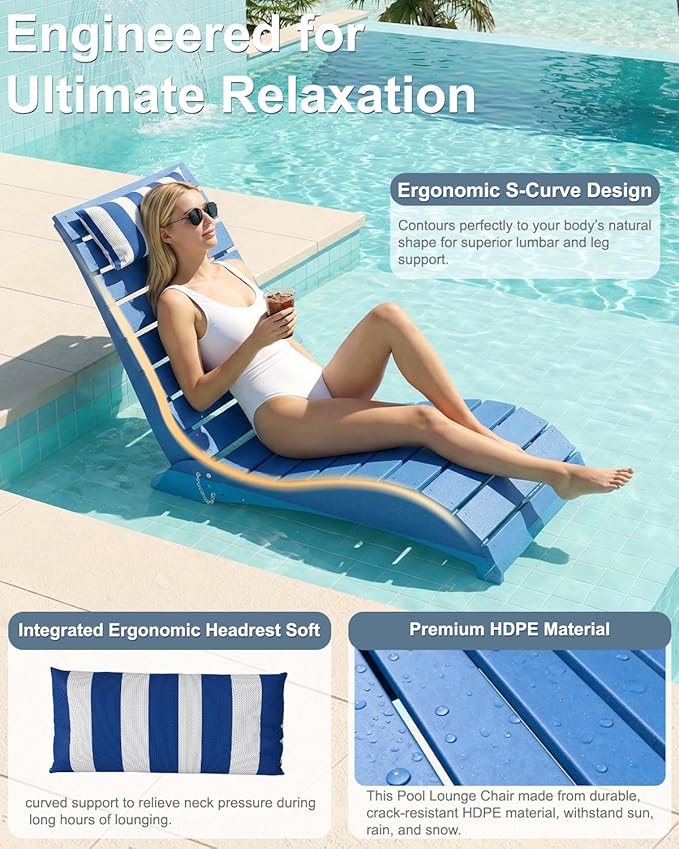 Pool Lounge Chairs, HDPE Adjustable Chaise Chairs with Headrest, Weighted Fade-Resistant Pool Chairs and Lounger for Baja Ledge，Poolside and Deck, Navy Blue