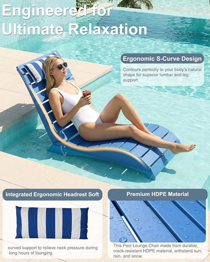 Pool Lounge Chairs, HDPE Adjustable Chaise Chairs with Headrest, Weighted Fade-Resistant Pool Chairs and Lounger for Baja Ledge，Poolside and Deck, Navy Blue