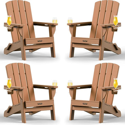 Folding Adirondack Chair 4 Pack, HDPE All-Weather Fire Pit Chairs, Plastic Adirondack Chairs with 2 Cup Holder, Outdoor Lawn Chair for Patio Garden (Teak)