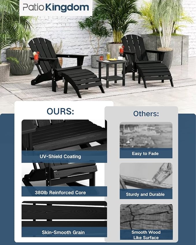 4-Piece Adirondack Chair with Footrest,Folding Adirondack Chair with Retractable Ottoman Set,HDPE All Weather Fire Pit Chair with Cup Holder(Black, 2 Chair & 2 footrest)