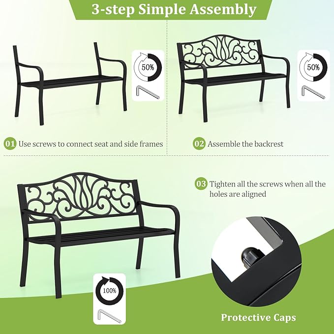 Tangkula 50 Inches Outdoor Garden Park Bench, Cast Iron Metal Front Porch Loveseat with Floral Design Backrest and Slatted Seat, Patio Bench with Armrests for Outside, Yard and Lawn, Black
