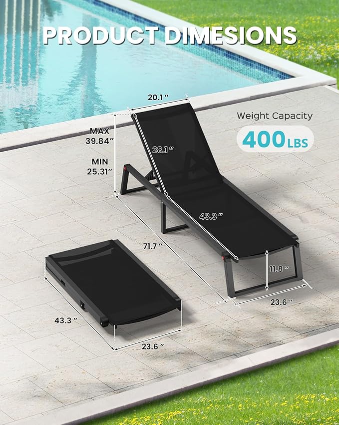 Aluminum Chaise Lounge Chair Outdoor, Foldable & Assembly Free Patio Pool Lounge Chairs 5-Position Recliner for Outside Poolside, Fully Grounded Legs Sun Lounger for Beach, Yard, Black