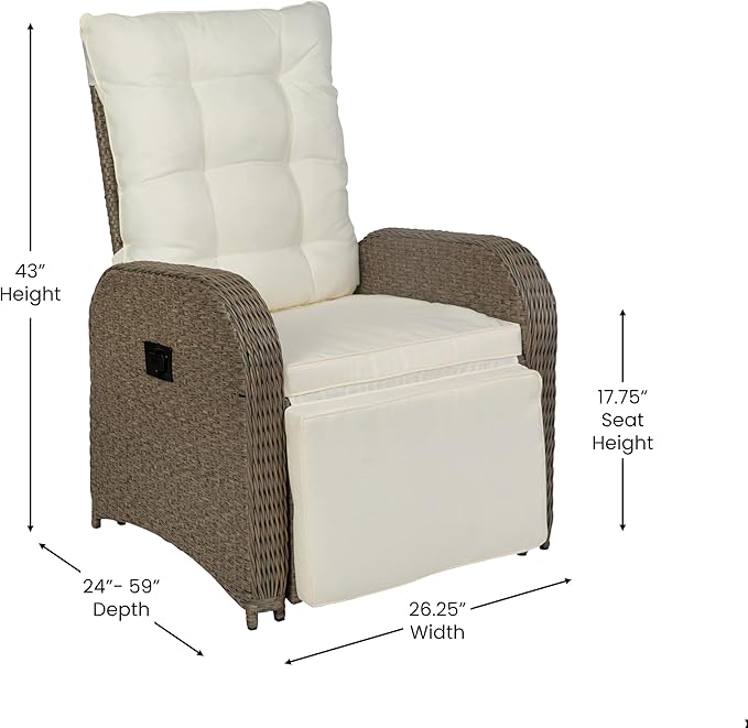 BizChair Indoor/Outdoor Patio Wicker Rattan Recliner Lounge Chair with Flip up Side Table, Beige and Brown