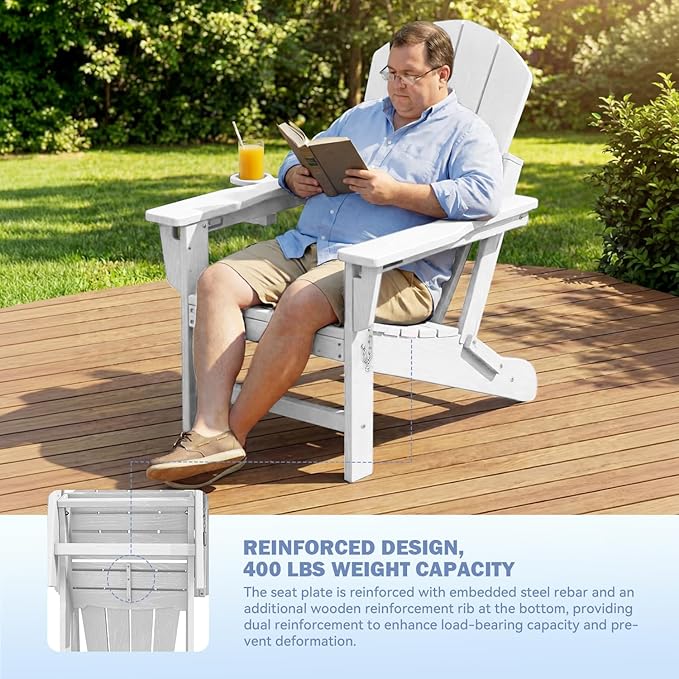 Mdeam 3-Position Adjustable Adirondack Chairs Set of 4, 400LBS Capacity, Cup Holder, Wooden Textured, All-Weather HDPE Folding Fire Pit Outdoor Chairs for Poolside Deck Patio Garden Yard Lawn - White