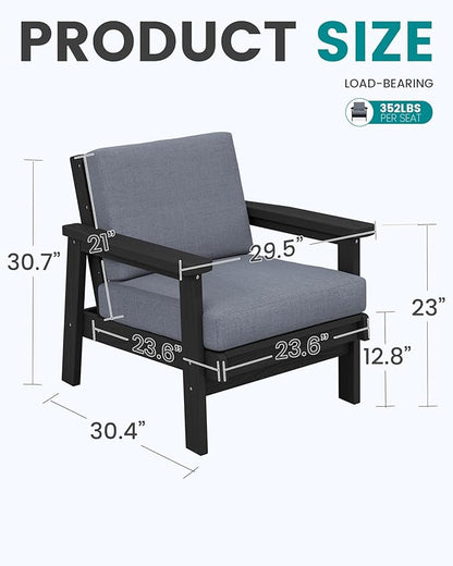 SERWALL HDPE Outdoor Furniture Set, 2 Piece All Weather Wood-Like Outdoor Sofa Sectional Couch, Black Frame and Grey Cushion
