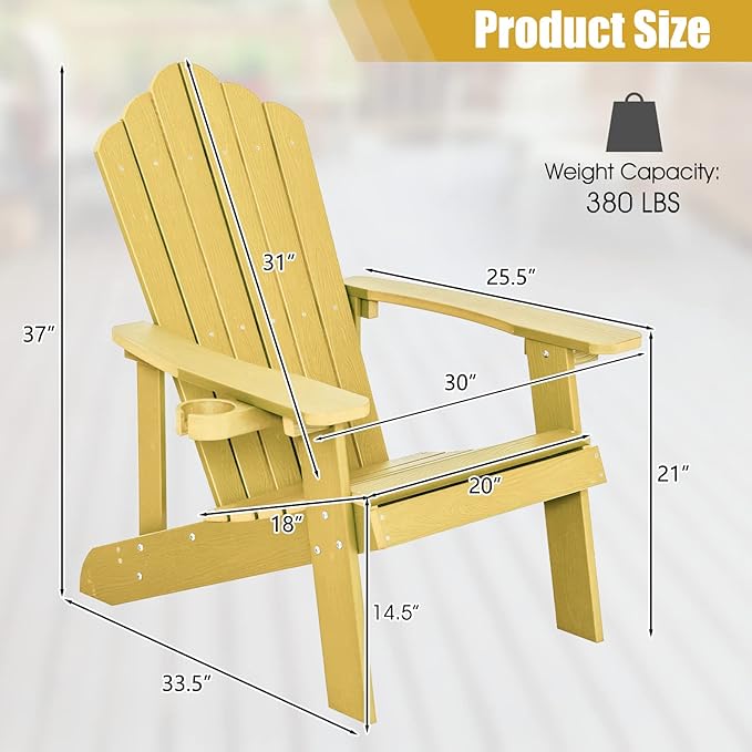 Giantex Outdoor Adirondack Chair - Oversized Patio Chairs w/Hidden Cup Holder, Realistic Wood Grain, 380 LBS Weight Capacity, Weather Resistant Firepit Chairs for Backyard, Garden (2, Yellow)