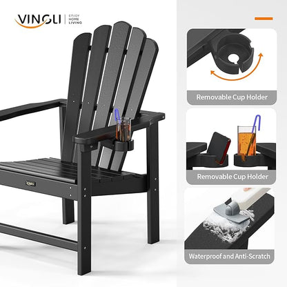 VINGLI Plastic Folding Adirondack Chair with Cup Holder, 100% Recyclable HDPE Material, Comfortable 380lb Weight Capacity for Outdoor Pool Patio Lounge Chair Lawn Furniture Fire Pit, 2 Pack, Black